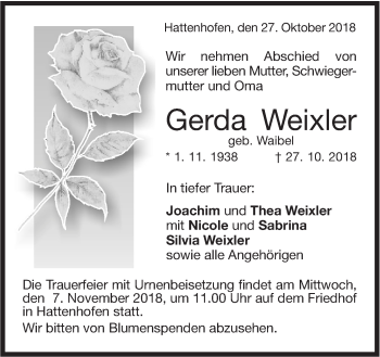 Traueranzeige von Gerda Weixler von NWZ Neue Württembergische Zeitung