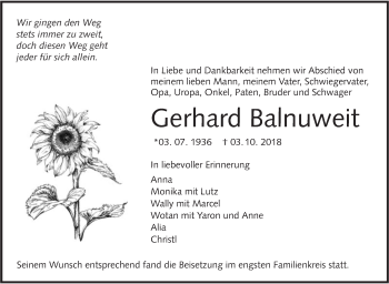 Traueranzeige von Gerhard Balnuweit von Alb-Bote/Metzinger-Uracher Volksblatt