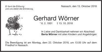 Traueranzeige von Gerhard Wörner von NWZ Neue Württembergische Zeitung