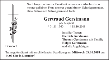 Traueranzeige von Gertraud Gerstmann von Illertal Bote