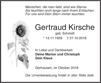 Traueranzeige von Gertraud Kirsche von SÜDWEST PRESSE