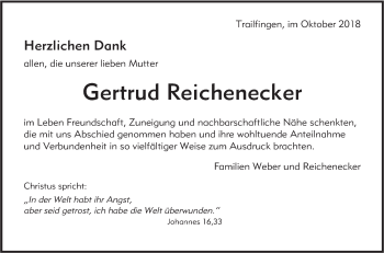 Traueranzeige von Gertrud Reichenecker von Alb-Bote/Metzinger-Uracher Volksblatt