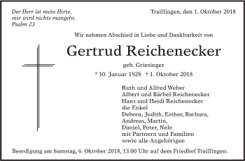 Traueranzeige von Gertrud Reichenecker von Alb-Bote/Metzinger-Uracher Volksblatt