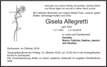 Traueranzeige von Gisela Allegretti von SÜDWEST PRESSE