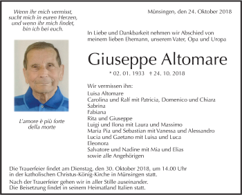 Traueranzeige von Giuseppe Altomare von Alb-Bote/Metzinger-Uracher Volksblatt