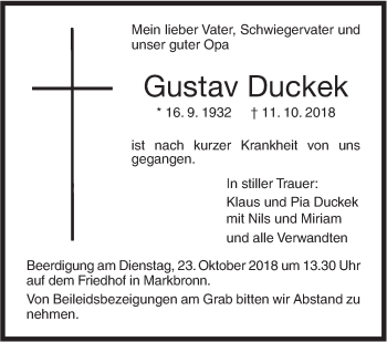 Traueranzeige von Gustav Duckek von SÜDWEST PRESSE Ausgabe Ulm/Neu-Ulm