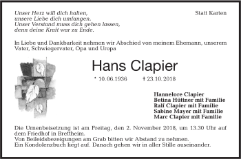 Traueranzeige von Hans Clapier von Hohenloher Tagblatt