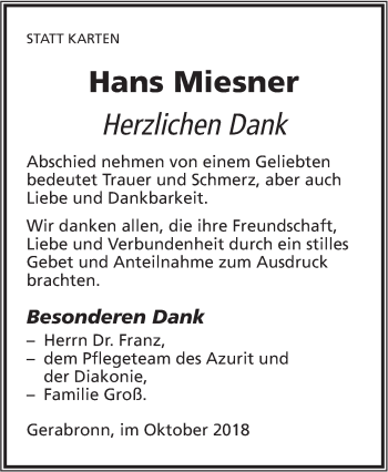 Traueranzeige von Hans Miesner von Hohenloher Tagblatt