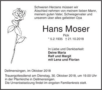 Traueranzeige von Hans Moser von SÜDWEST PRESSE Ausgabe Ulm/Neu-Ulm