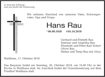 Traueranzeige von Hans Rau von Hohenloher Tagblatt