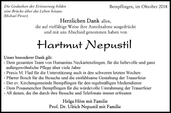 Traueranzeige von Hartmut Nepustil von Metzinger-Uracher Volksblatt