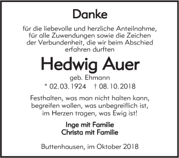 Traueranzeige von Hedwig Auer von Alb-Bote/Metzinger-Uracher Volksblatt