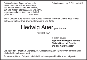 Traueranzeige von Hedwig Auer von Alb-Bote/Metzinger-Uracher Volksblatt