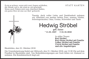 Traueranzeige von Hedwig Ströbel von Hohenloher Tagblatt