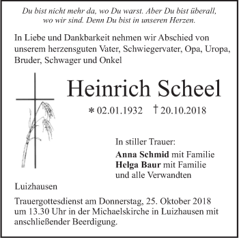 Traueranzeige von Heinrich Scheel von SÜDWEST PRESSE Ausgabe Ulm/Neu-Ulm