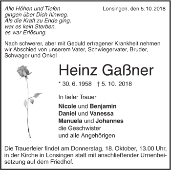 Traueranzeige von Heinz Gaßner von Alb-Bote/Metzinger-Uracher Volksblatt