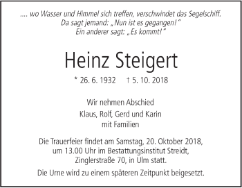 Traueranzeige von Heinz Steigert von SÜDWEST PRESSE Ausgabe Ulm/Neu-Ulm