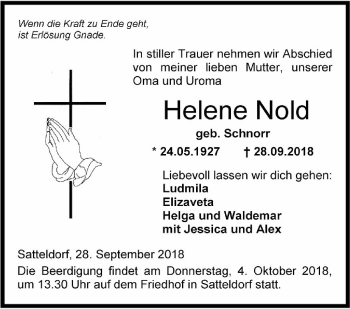 Traueranzeige von Helene Nold von Hohenloher Tagblatt