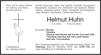 Traueranzeige von Helmut Huhn von Haller Tagblatt