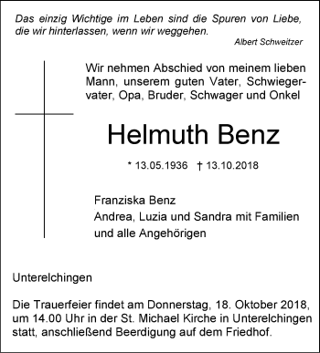 Traueranzeige von Helmuth Benz von SÜDWEST PRESSE Ausgabe Ulm/Neu-Ulm