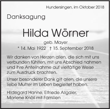 Traueranzeige von Hilda Wörner von Alb-Bote/Metzinger-Uracher Volksblatt