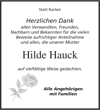 Traueranzeige von Hilde Hauck von Hohenloher Tagblatt