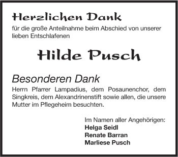 Traueranzeige von Hilde Pusch von Hohenloher Tagblatt