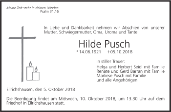 Traueranzeige von Hilde Pusch von Hohenloher Tagblatt