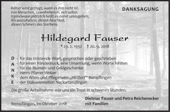 Traueranzeige von Hildegard Fauser von Metzinger-Uracher Volksblatt