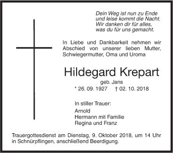 Traueranzeige von Hildegard Krepart von SÜDWEST PRESSE Ausgabe Ulm/Neu-Ulm