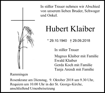 Traueranzeige von Hubert Klaiber von SÜDWEST PRESSE Ausgabe Ulm/Neu-Ulm