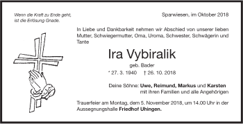 Traueranzeige von Ira Vybiralik von NWZ Neue Württembergische Zeitung