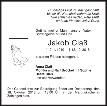 Traueranzeige von Jakob Claß von Metzinger-Uracher Volksblatt