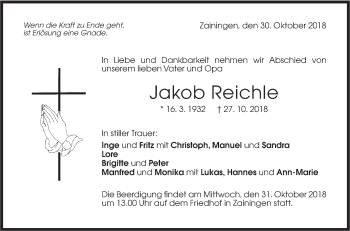 Traueranzeige von Jakob Reichle von Metzinger-Uracher Volksblatt