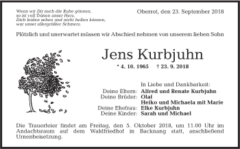 Traueranzeige von Jens Kurbjuhn von Rundschau Gaildorf