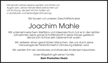 Traueranzeige von Joachim Mahle von NWZ Neue Württembergische Zeitung