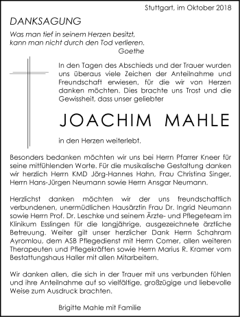 Traueranzeige von Joachim Mahle von NWZ Neue Württembergische Zeitung