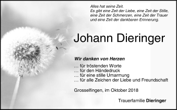 Traueranzeige von Johann Dieringer von Hohenzollerische Zeitung