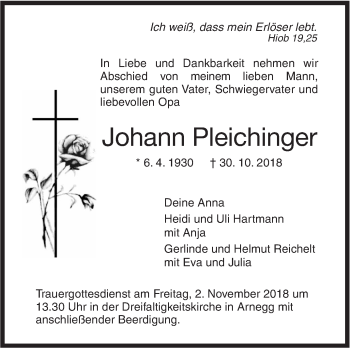 Traueranzeige von Johann Pleichinger von SÜDWEST PRESSE Ausgabe Ulm/Neu-Ulm