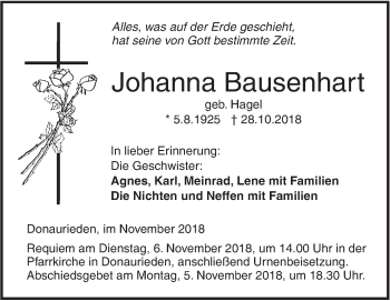 Traueranzeige von Johanna Bausenhart von SÜDWEST PRESSE Ausgabe Ulm/Neu-Ulm