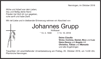 Traueranzeige von Johannes Grupp von NWZ Neue Württembergische Zeitung