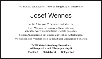 Traueranzeige von Josef Wennes von Hohenloher Tagblatt