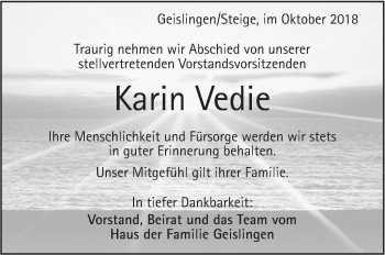 Traueranzeige von Karin Vedie von Geislinger Zeitung