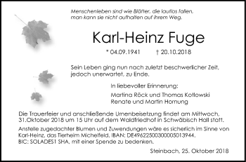 Traueranzeige von Karl-Heinz Fuge von Haller Tagblatt