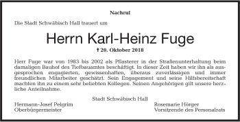 Traueranzeige von Karl-Heinz Fuge von Haller Tagblatt