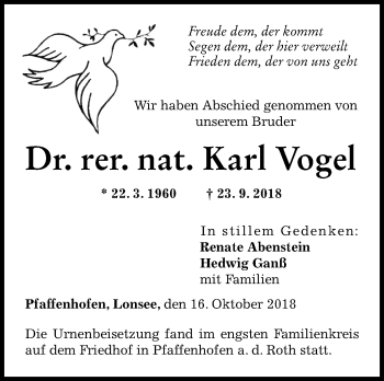 Traueranzeige von Karl Vogel von SÜDWEST PRESSE Ausgabe Ulm/Neu-Ulm