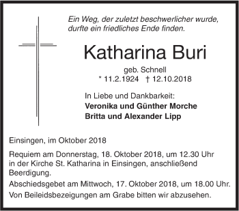 Traueranzeige von Katharina Buri von SÜDWEST PRESSE Ausgabe Ulm/Neu-Ulm