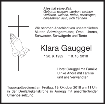 Traueranzeige von Klara Gauggel von SÜDWEST PRESSE Ausgabe Ulm/Neu-Ulm