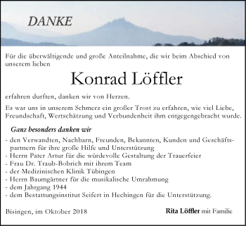 Traueranzeige von Konrad  Löffler von Hohenzollerische Zeitung