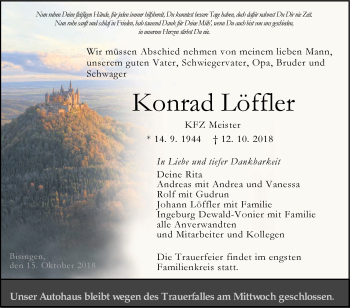 Traueranzeige von Konrad  Löffler von Hohenzollerische Zeitung